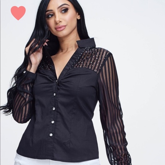 Tops - Black Rhinestone Long Sleeve Sheer Button Up